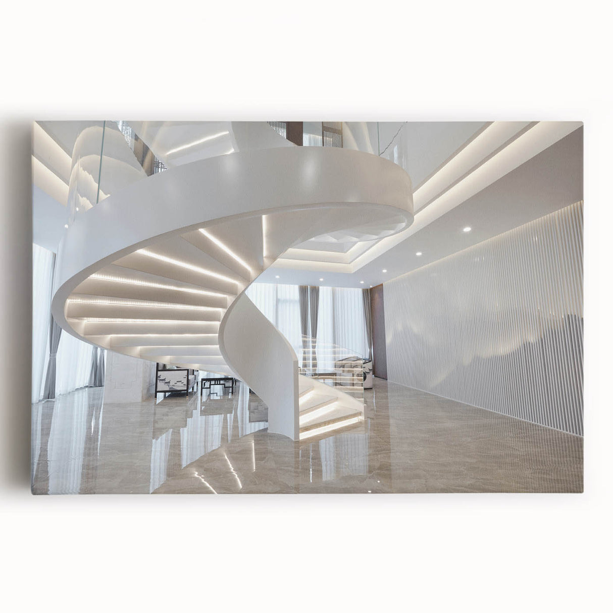 Black and white photo of a spiral staircase on a large canvas, suitable for kitchen wall art.