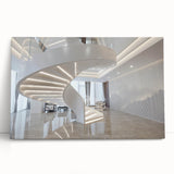Black and white photo of a spiral staircase on stretched canvas, suitable as large art for kitchen or bedroom.