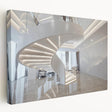 Side view of a large stretched canvas featuring a black and white architectural staircase design.