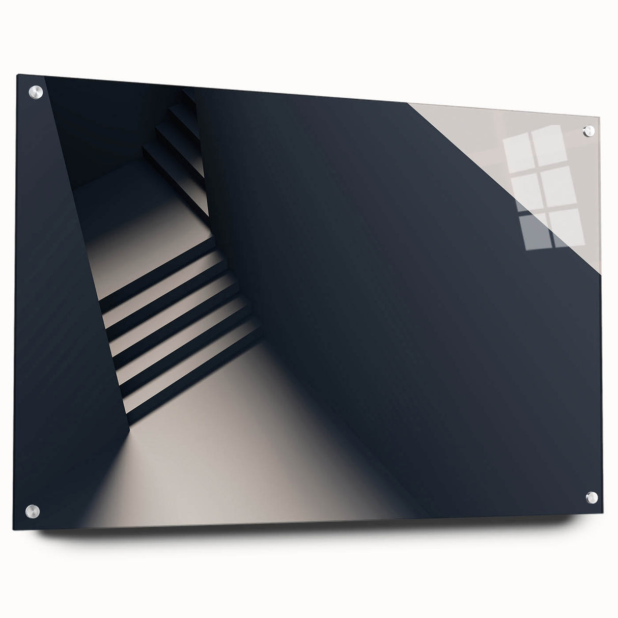 Acrylic print of a large abstract staircase in grayscale, suitable for bedroom or dining room decor.
