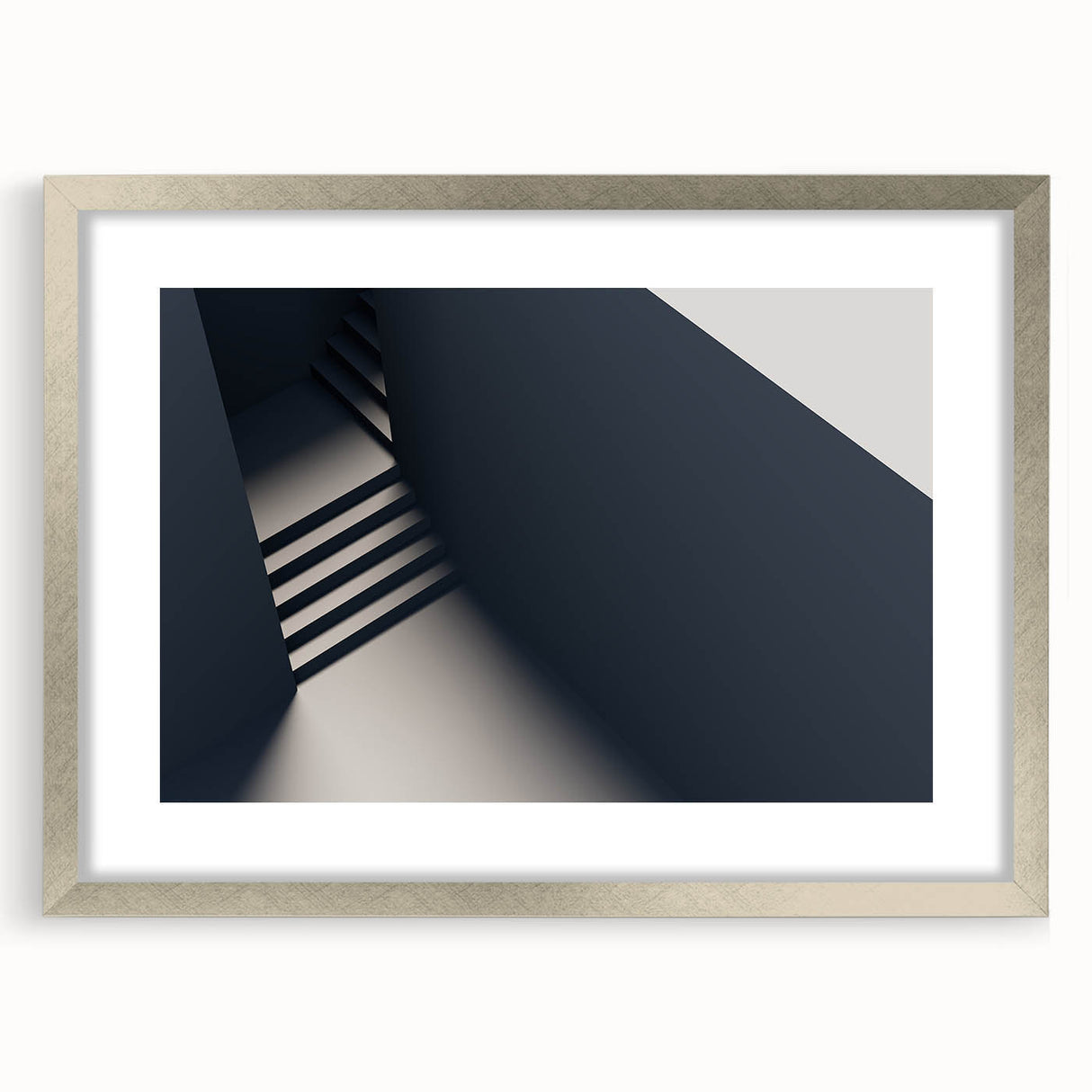 Textured abstract art print of a spiral staircase in neutral shades, framed in silver, ideal for bedroom decor.