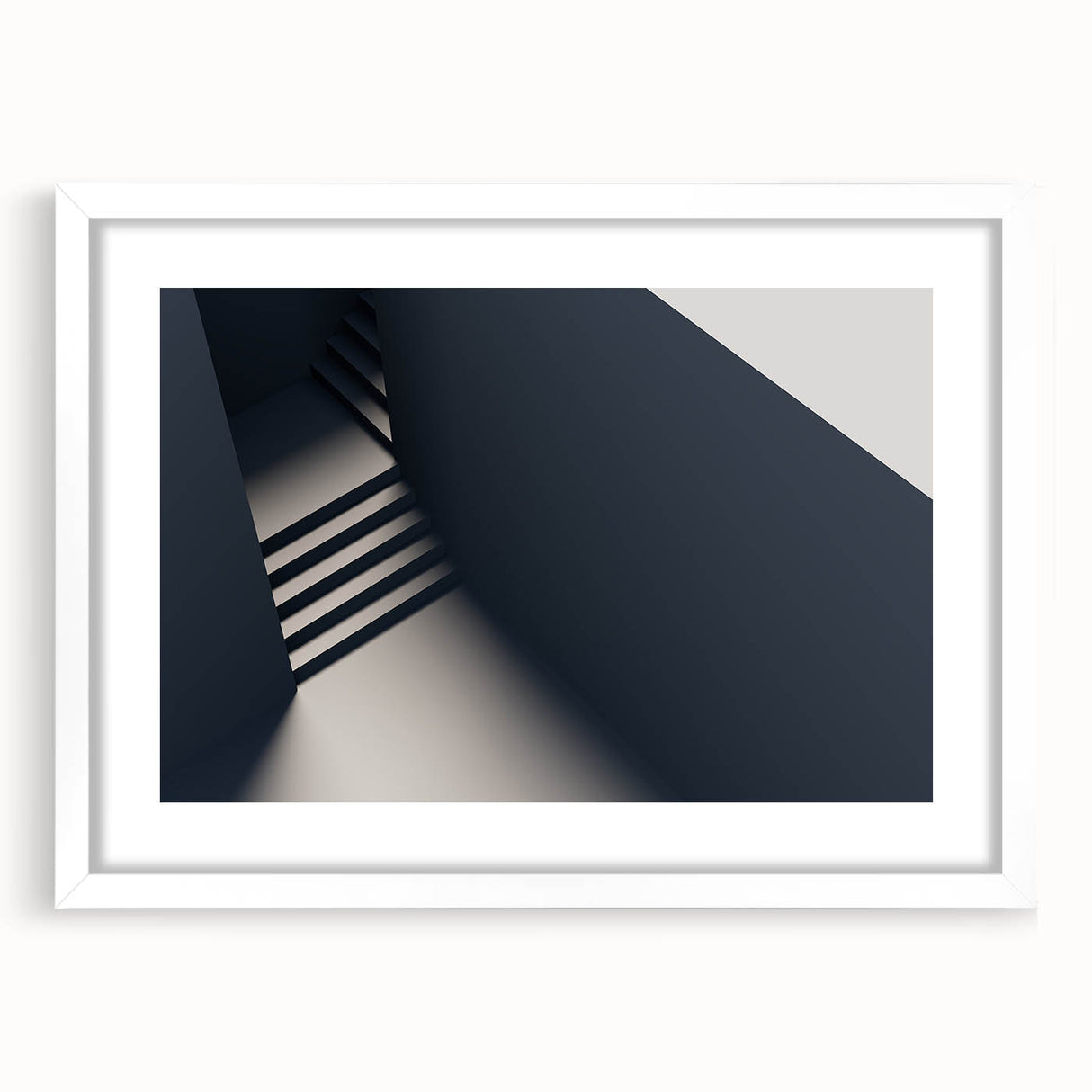 Abstract art print of a spiral staircase in monochrome shades, framed in white, suitable for bedroom or dining room decor.
