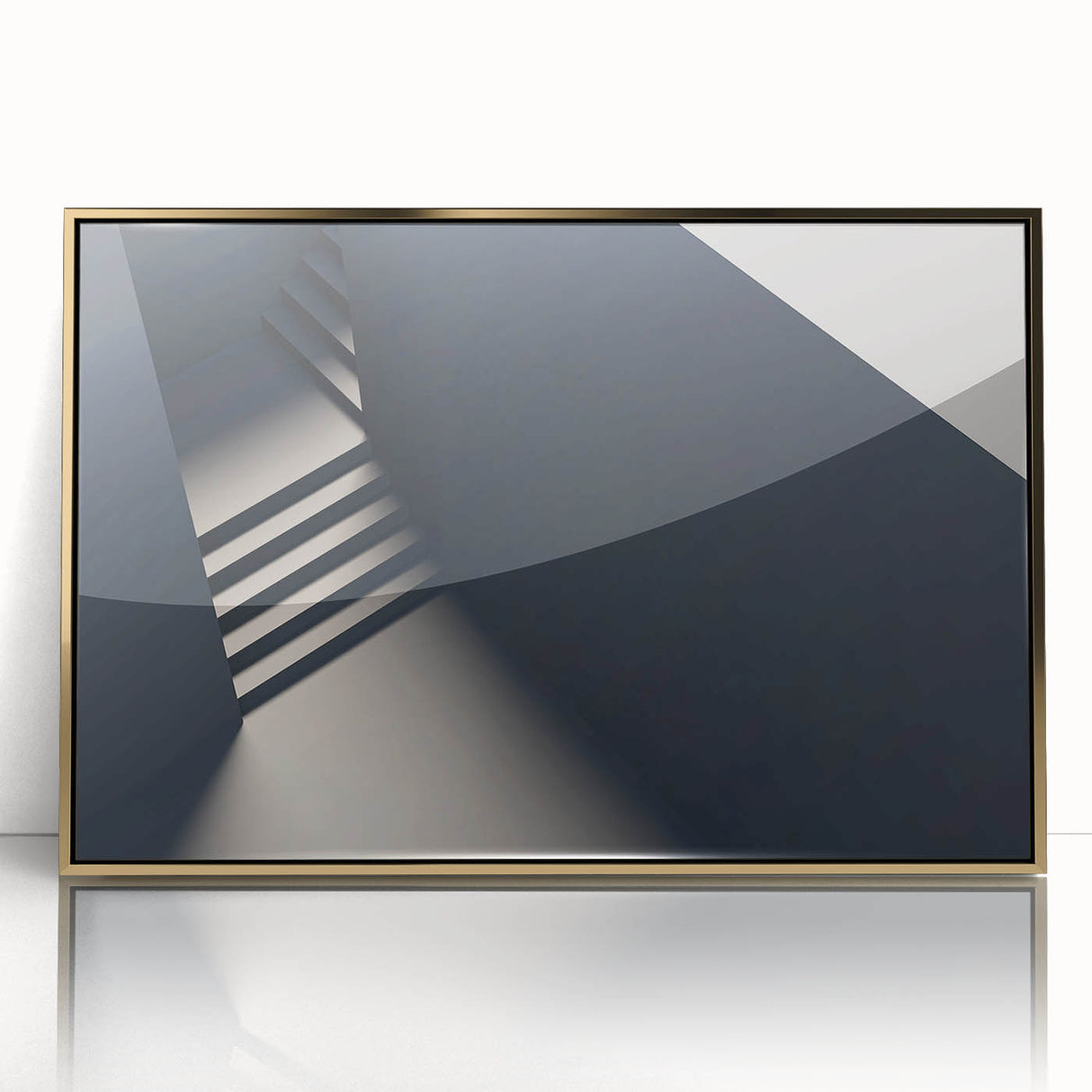 Large art print of a mid-century modernist spiral staircase in muted gold tones on acrylic, ideal for modern art wall decor.