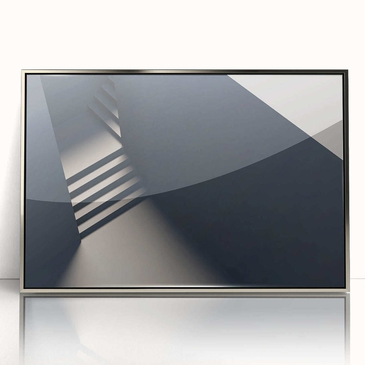 Mid-century modernist art featuring a spiral staircase in muted gray, acrylic print framed in silver.