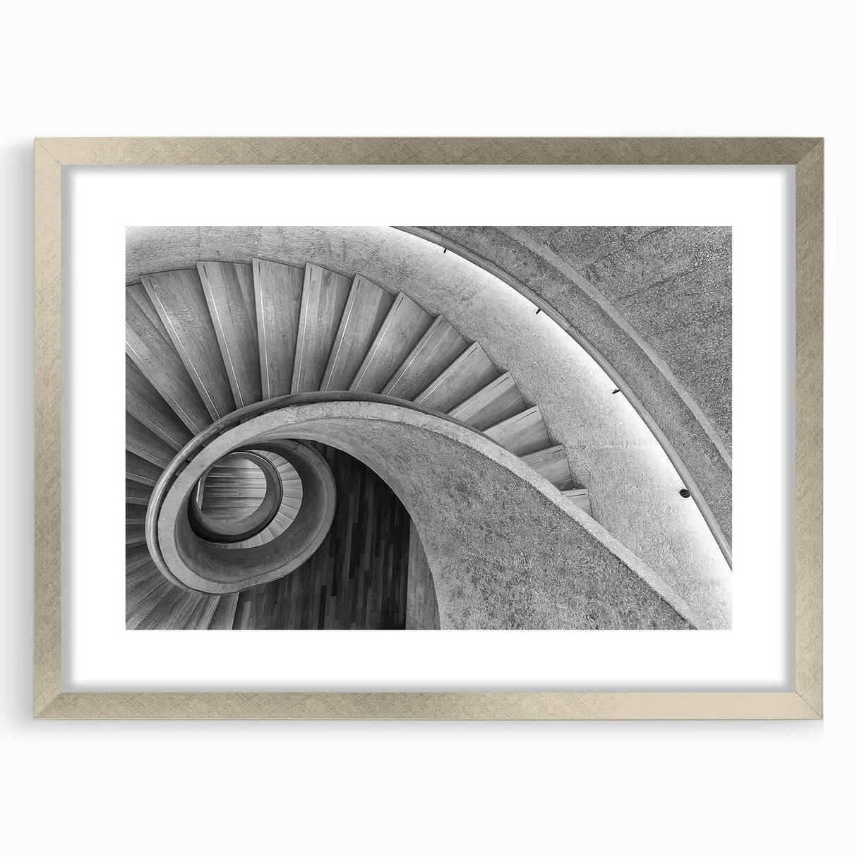 Textured abstract art print of a spiral staircase in muted gray tones, framed in silver, ideal for bedroom art.