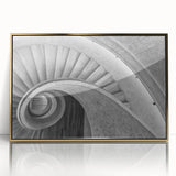 Mid-century modernist acrylic print of a spiral staircase in muted gold tones, ideal for modern art wall decor.