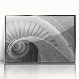Mid-century modernist art featuring a spiral staircase in muted gray tones, acrylic print.