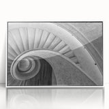 Art Deco poster featuring a spiral staircase in monochrome, framed acrylic, ideal for modern art wall decor or a nursery.