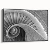 Black and white framed canvas of a spiral staircase in a minimalist style, suitable for bedroom wall decor.