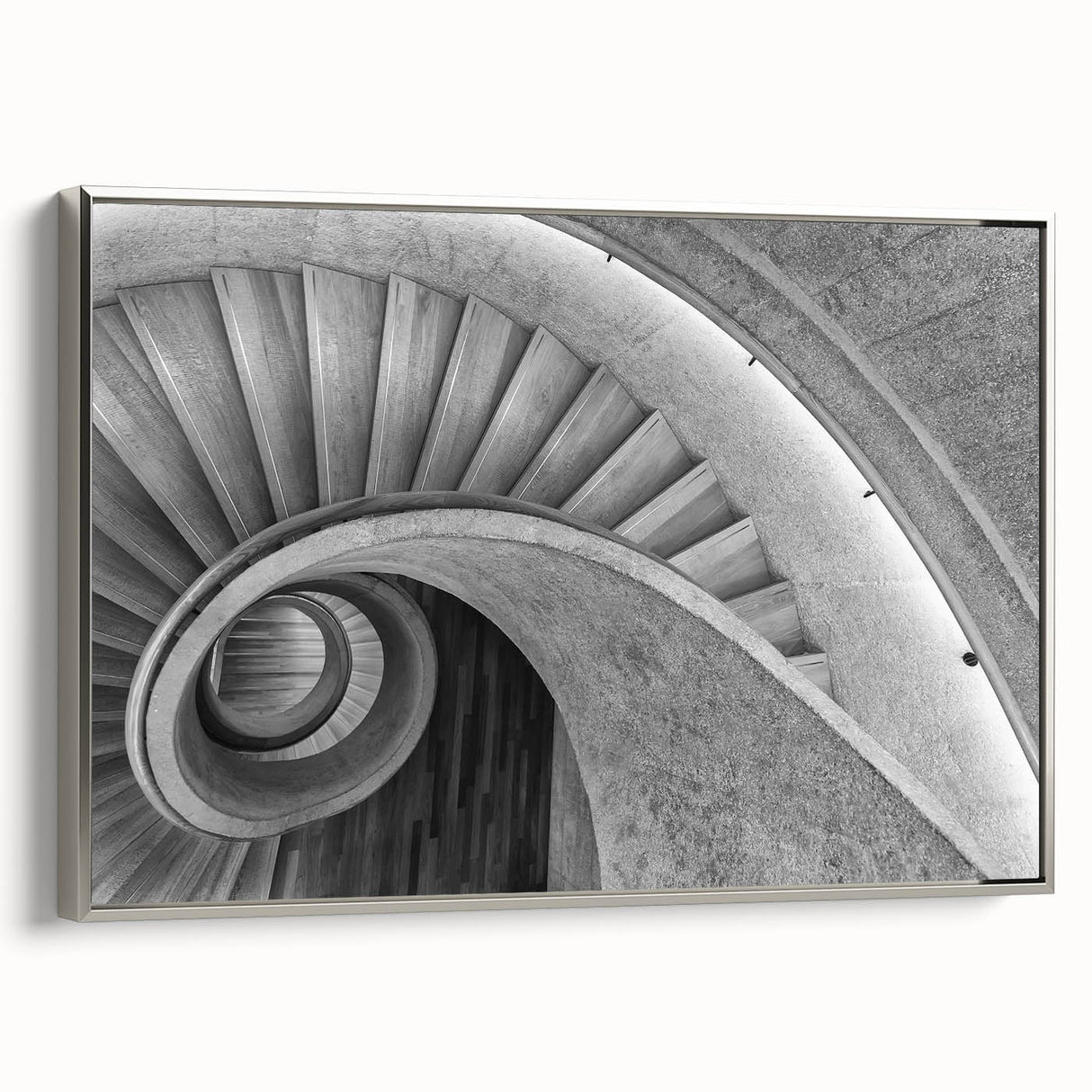 Framed canvas featuring a monochrome vintage poster of a spiral staircase, ideal for adding a classic touch to office spaces.