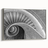 Framed canvas featuring a monochrome vintage poster of a spiral staircase, ideal for adding a classic touch to office spaces.
