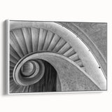 Vintage poster art of a spiral staircase in black and colorful accents on a framed canvas, ideal for living room decor.