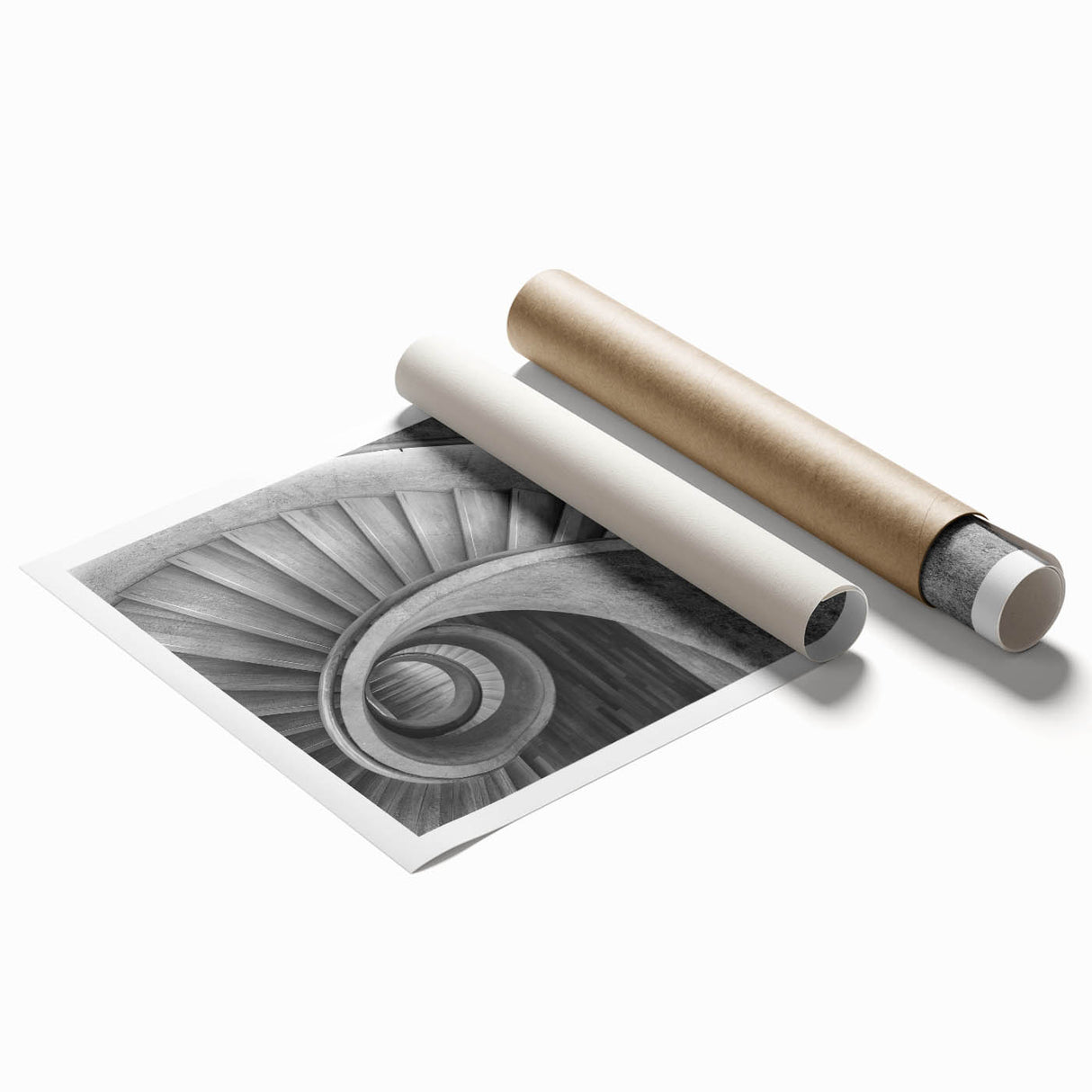 Extra large rolled print of a spiral staircase in muted gray tones, ideal for classy bathroom wall art.