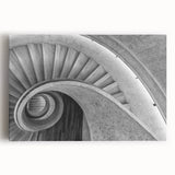 Spiral staircase in black and white on stretched canvas, suitable for kitchen wall art.