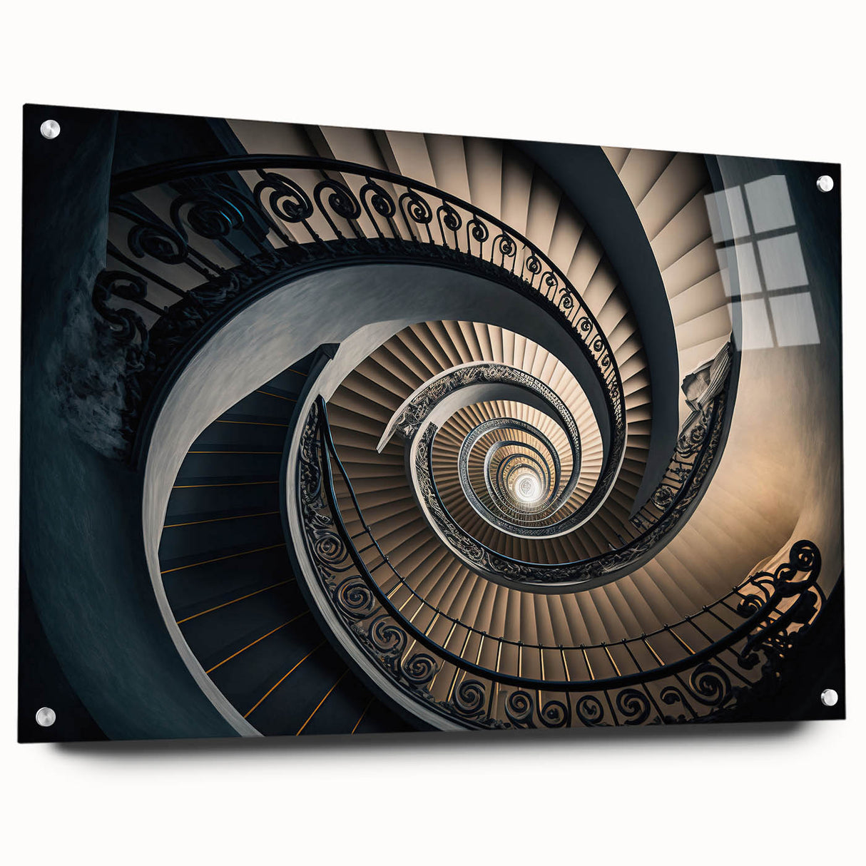 Acrylic print of a large abstract staircase design in monochrome shades, suitable for bedroom or dining room decor.