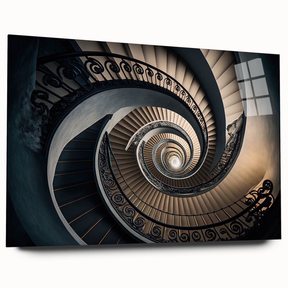 Side view of a large abstract acrylic print featuring a spiral staircase in monochrome, ideal for bedroom or dining room art.