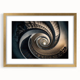 Extra large wall art featuring an abstract textured design of a spiral staircase in muted gold and beige tones.