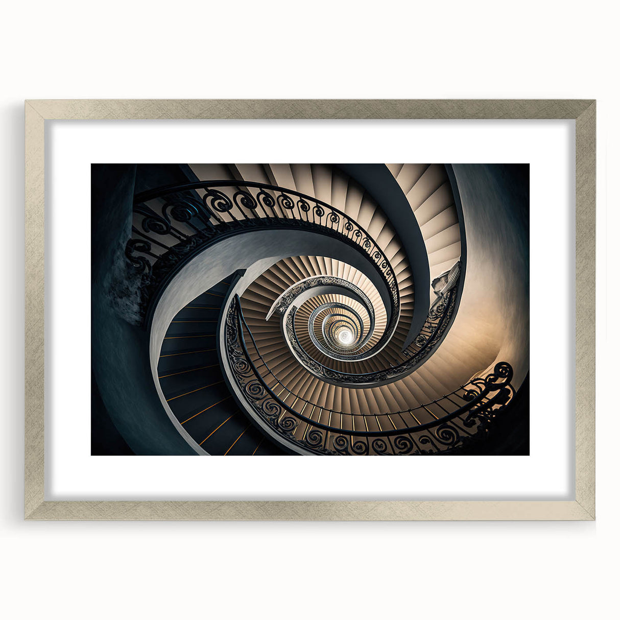 Textured art print of an abstract staircase in grayscale, framed in silver, suitable for bedroom decor.