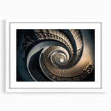 Abstract art print of a spiral staircase in monochrome, framed in white, ideal for modern dining room decor.