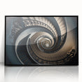 Large abstract wall art depicting a spiral staircase in black and white, framed acrylic, ideal for modern living room decor.