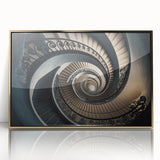 Mid-century modernist spiral staircase in gold and black hues, acrylic print, ideal for modern art wall decor.