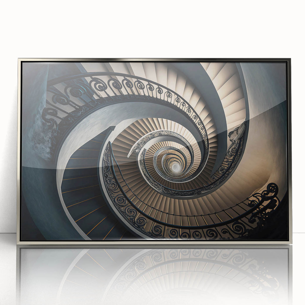 Mid-century modernist art of a spiral staircase in silver and gray tones, acrylic print framed.