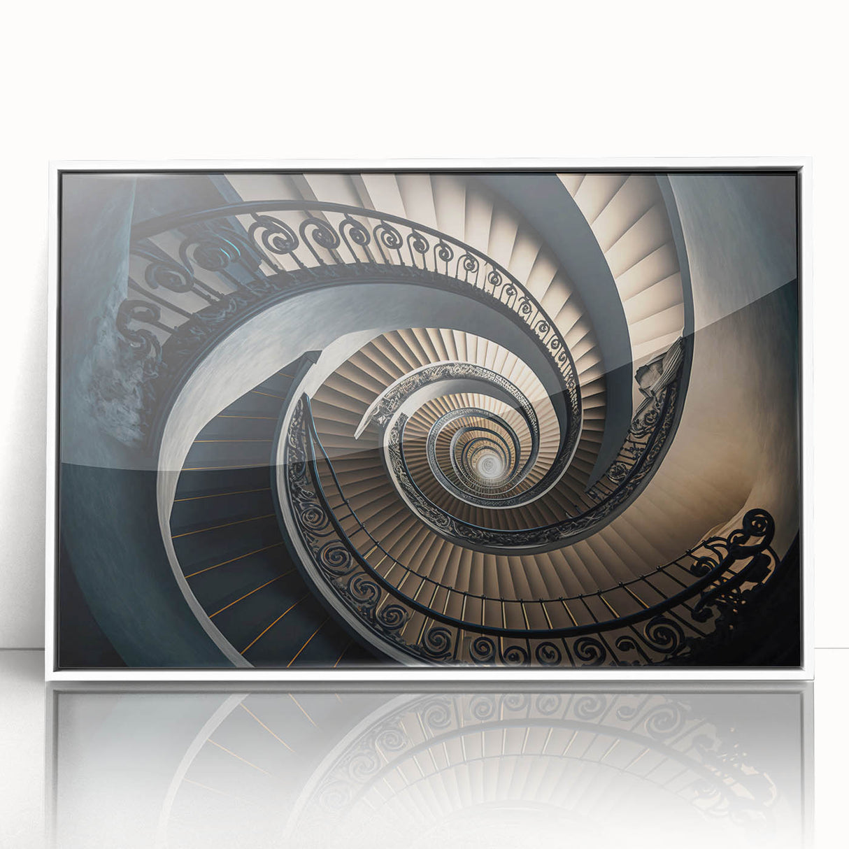 Art Deco poster featuring a spiral staircase in monochrome tones, presented in a white acrylic frame.