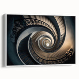 Vintage poster art of a spiral staircase in black and white on a framed canvas, ideal for living room decor.