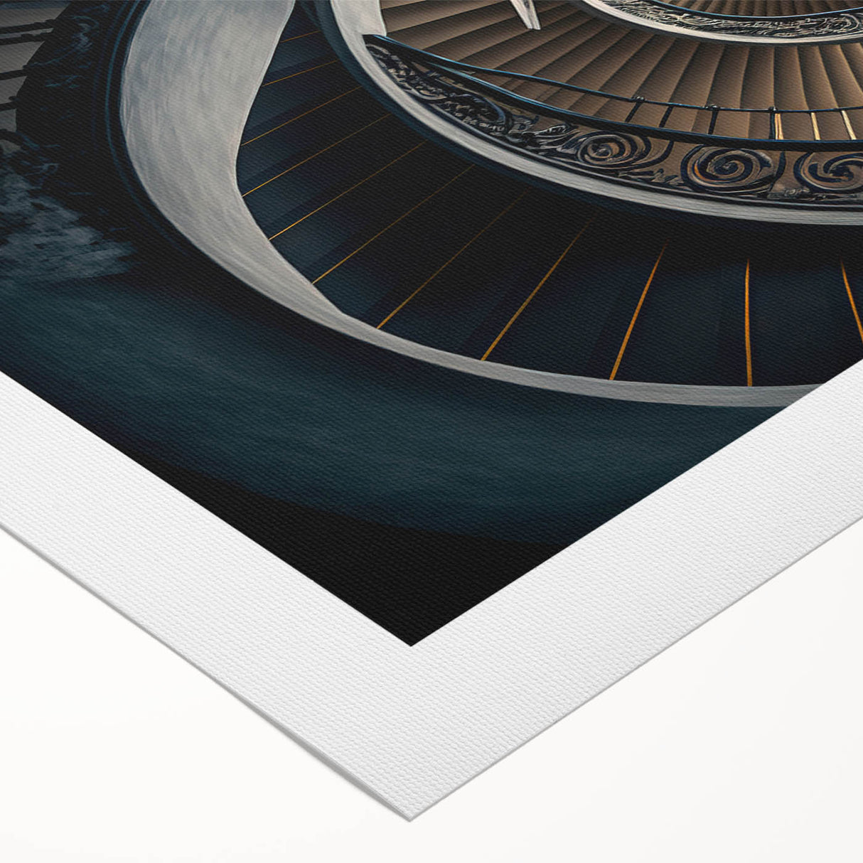 Art deco poster featuring a spiral staircase in monochrome, printed on rolled canvas, suitable for dining room walls.
