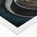 Art deco poster featuring a spiral staircase in monochrome, printed on rolled canvas, suitable for dining room walls.