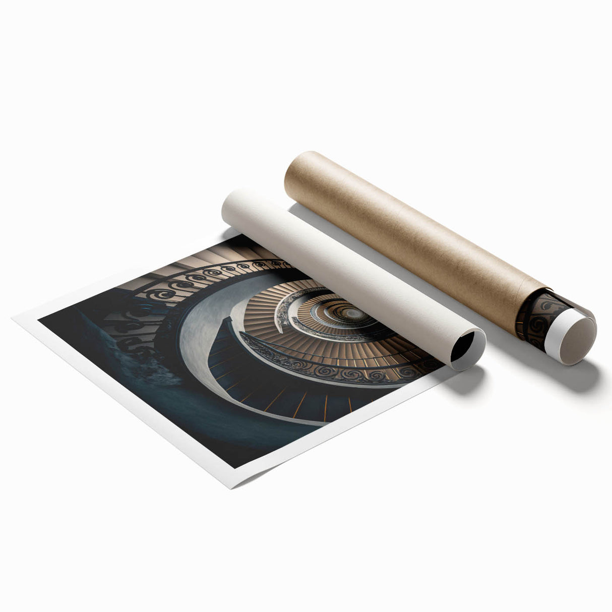 Extra large rolled print of a spiral staircase in muted gray, ideal for classy bathroom wall art.