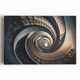 Black and white photo of a spiral staircase on stretched canvas, suitable for kitchen wall art.