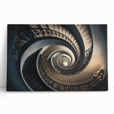 Black and white photo of a spiral staircase on a stretched canvas, suitable as large art for kitchen or bedroom.