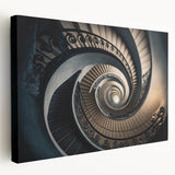 Spiral staircase in monochrome, large art on stretched canvas, suitable for kitchen wall art.