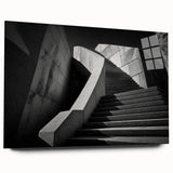 Large abstract wall art of a spiral staircase in muted gray, acrylic print, ideal for bedroom or dining room decor.
