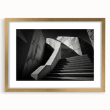 Extra large abstract art print featuring a textured staircase design in muted grays, framed in gold.