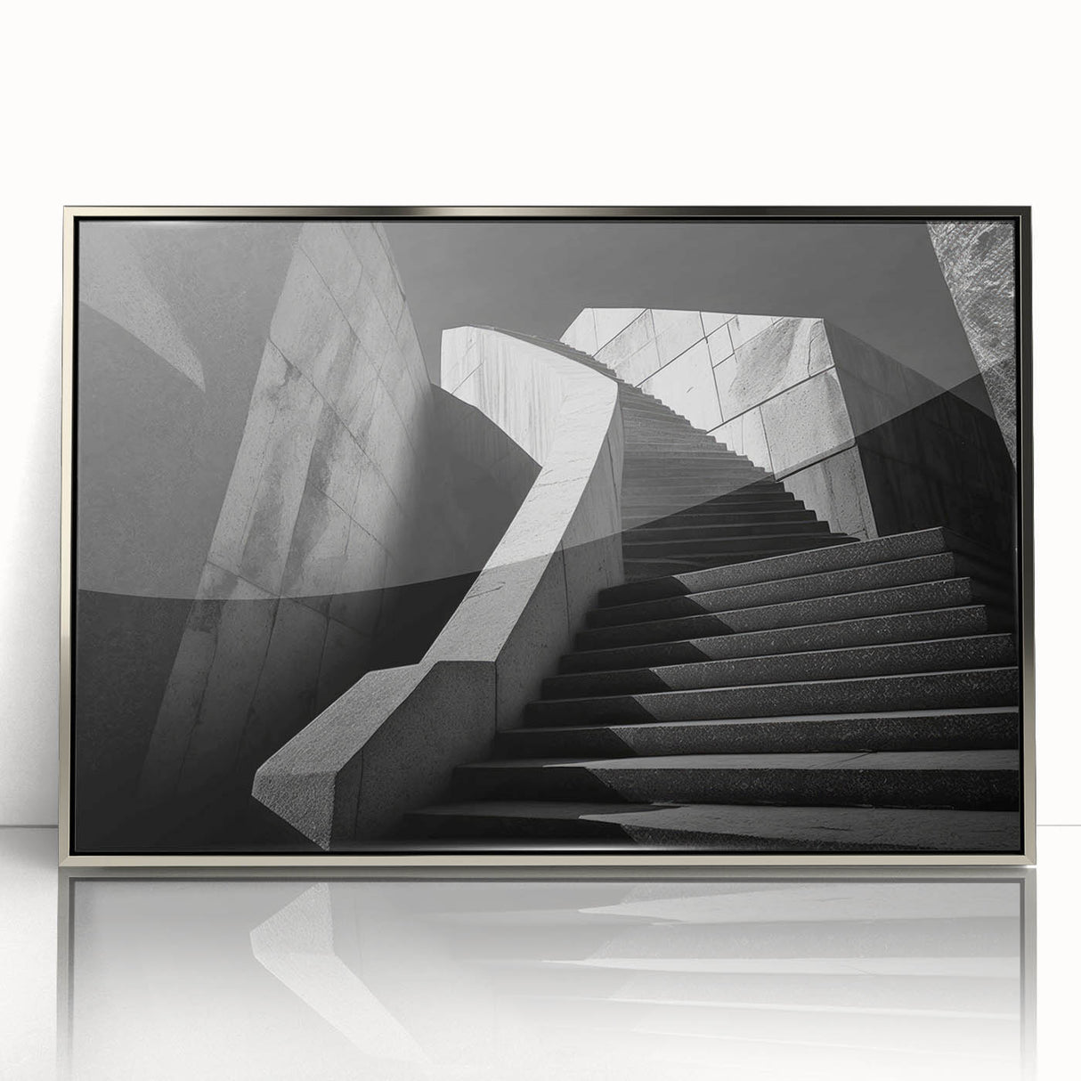 Mid-century modernist art of a spiral staircase in muted gray tones, acrylic print framed in silver.