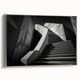 Framed canvas featuring a black and colorful vintage poster art of an architectural staircase design, ideal for office decor.