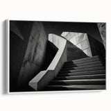 Vintage poster art of a spiraling staircase in monochrome, framed canvas, ideal for living room decor.
