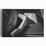 Black and white photograph of a spiral staircase on stretched canvas, ideal for kitchen wall art.