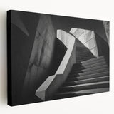 Spiral staircase in black and white on stretched canvas, suitable for kitchen wall art.