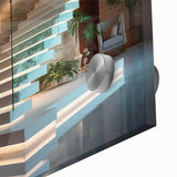 Mid-century modernist large abstract wall art of a spiral staircase in muted earth tones, acrylic glass.