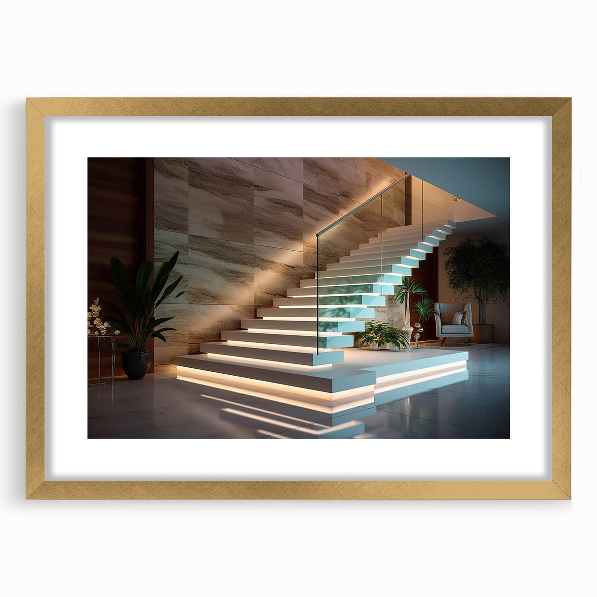 Extra large abstract art print of a spiral staircase in neutral tones, framed in gold, suitable for living room decor.