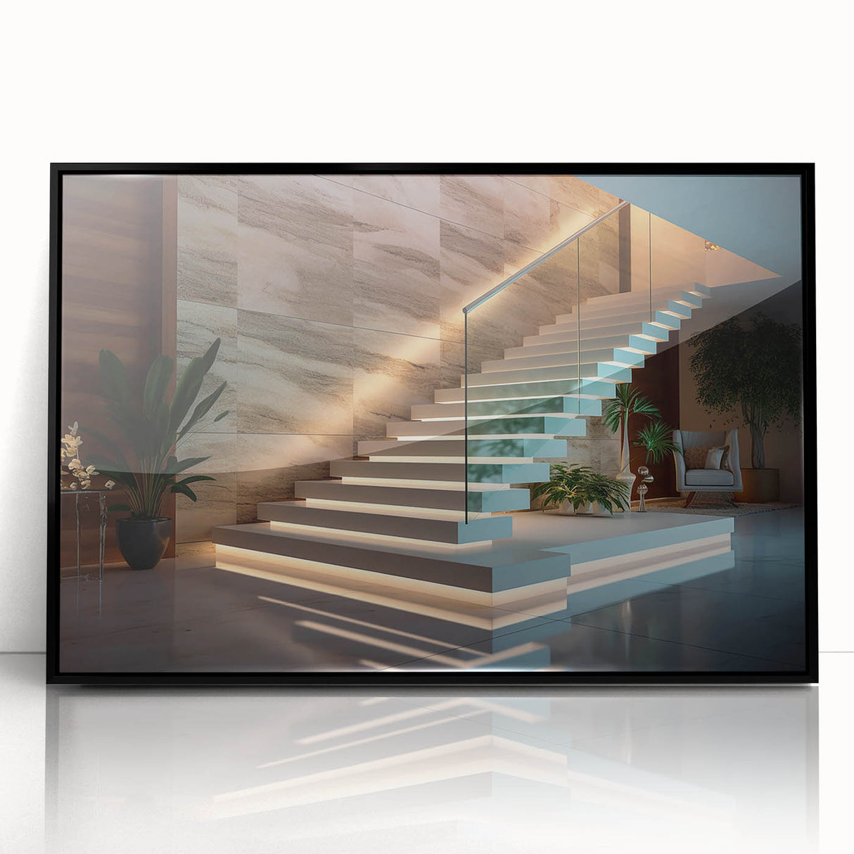 Large abstract wall art featuring a spiral staircase design in black and white tones on a framed acrylic.