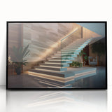 Large abstract wall art featuring a spiral staircase design in black and white tones on a framed acrylic.