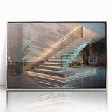 Mid-century modernist staircase design in silver and gray tones on a framed acrylic, suitable for modern art wall decor.