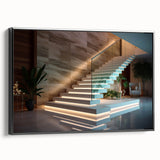 Black and white framed canvas featuring a spiral staircase, ideal for bedroom wall art in a vintage style.