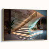 Framed canvas featuring a black and gold vintage staircase design, ideal for bedroom wall art.
