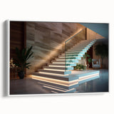 Vintage poster art of a spiral staircase in black and white, framed canvas, ideal for modern living room decor.