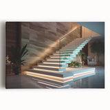 Black and white photo of a spiral staircase on stretched canvas, ideal for kitchen wall art.